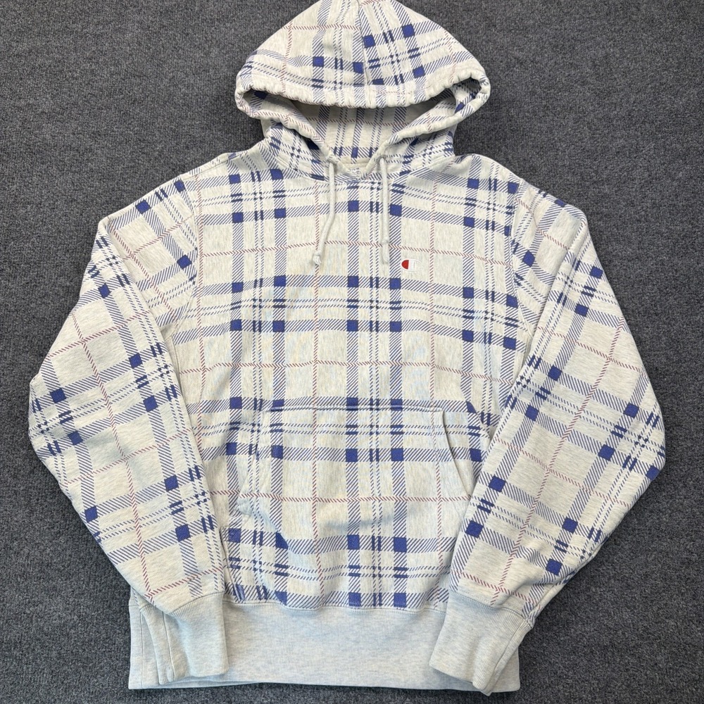 Champion Hoodie Men's Size Small S Gray Blue Plaid Reverse Weave Pullover